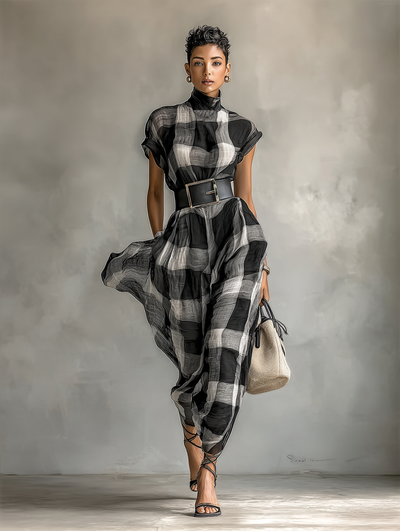 Checked Chiffon Maxi Dress with High Neck and Short Sleeves