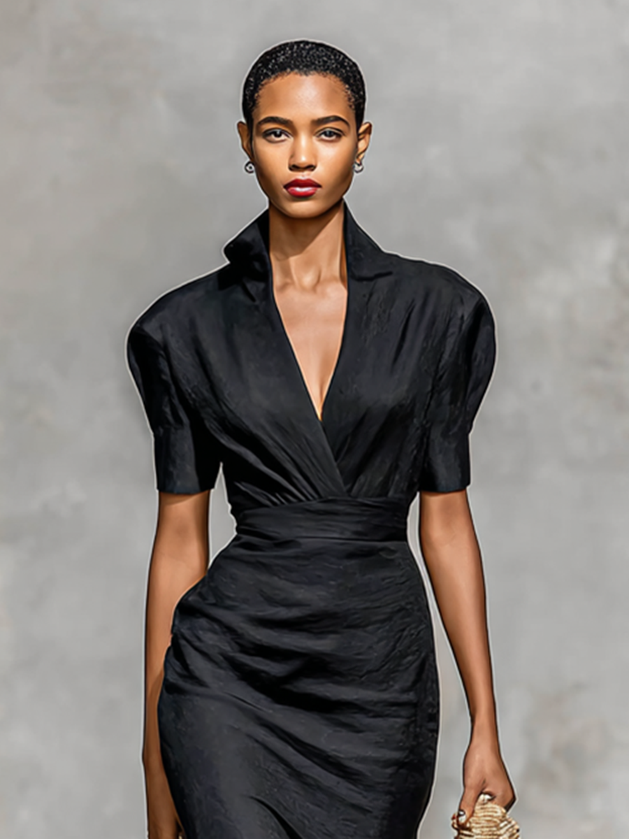 Women's V-Neck Midi Dress with Short Sleeves