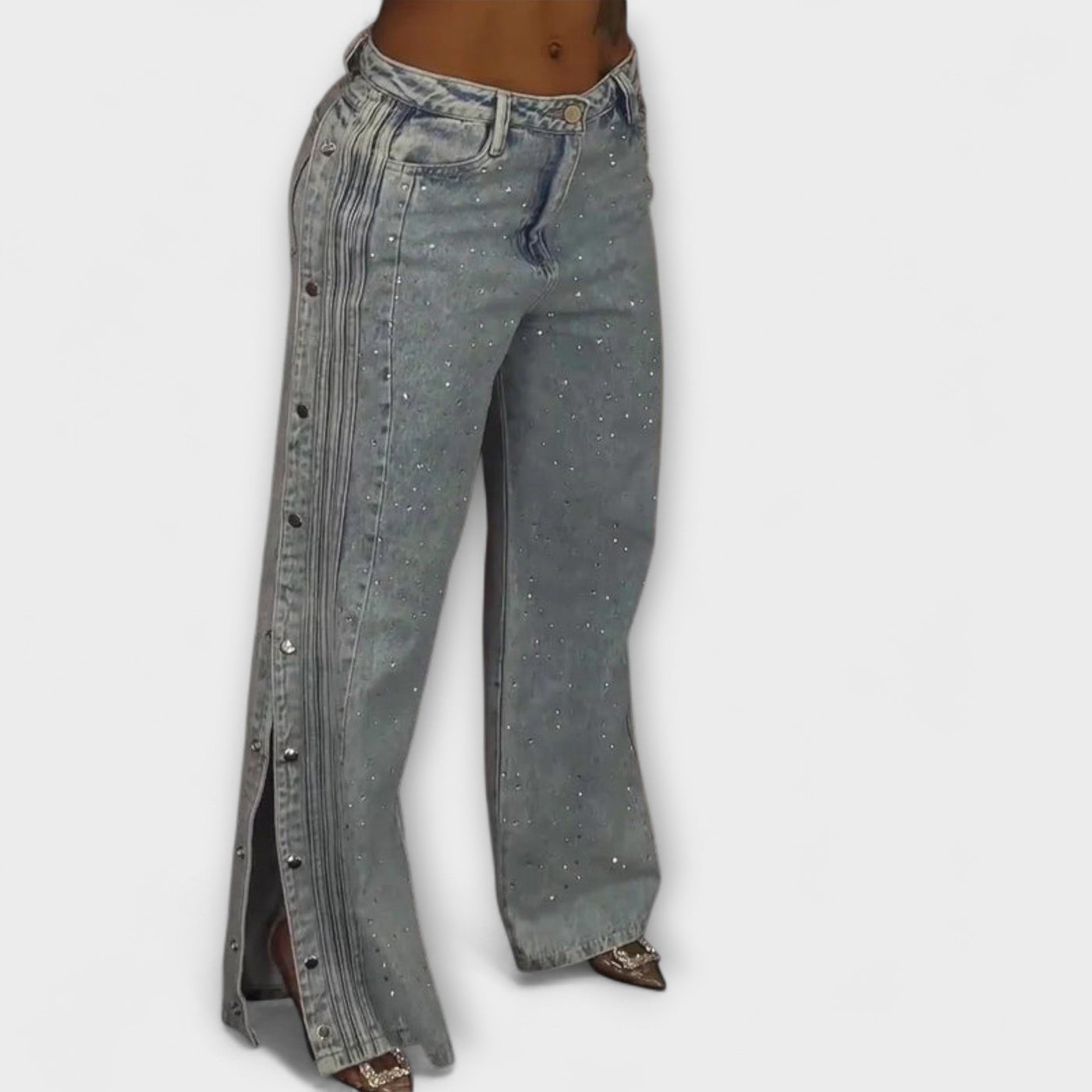 Nola - Rhinestone-Embellished High-Waisted Jeans with Side Button Details