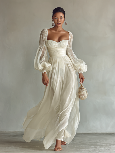 Women's Chiffon Maxi Dress with Square Neck and Long Sleeves