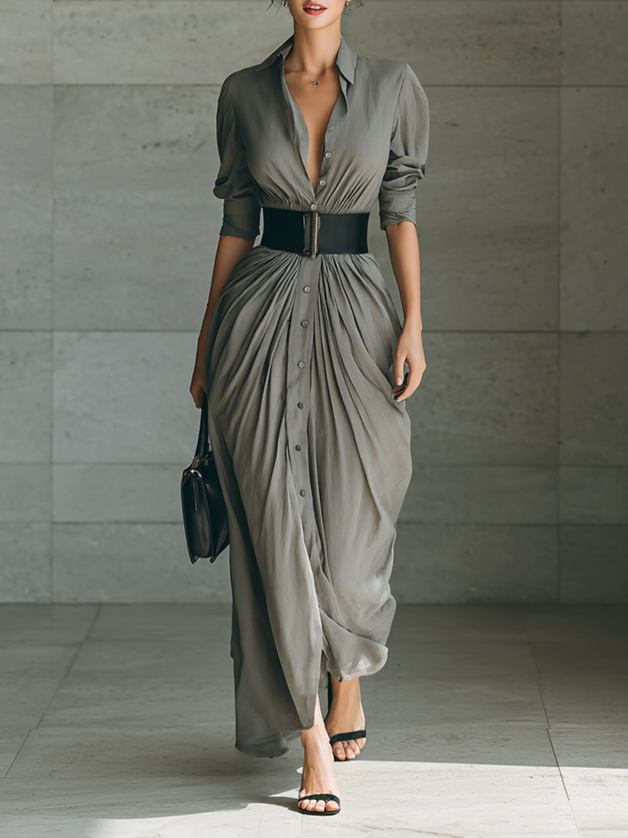 Long Sleeve Maxi Dress with Notched Collar