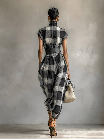 Checked Chiffon Maxi Dress with High Neck and Short Sleeves