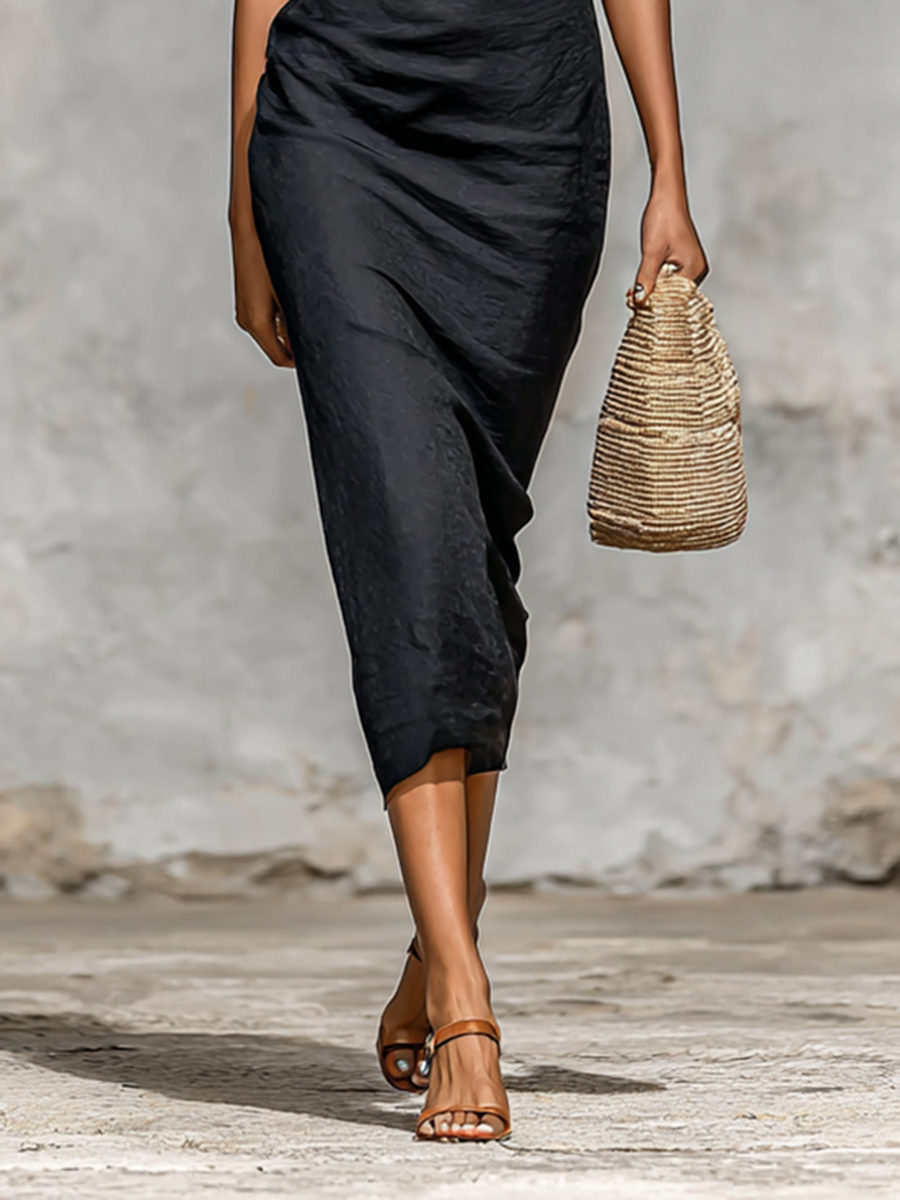 Women's V-Neck Midi Dress with Short Sleeves