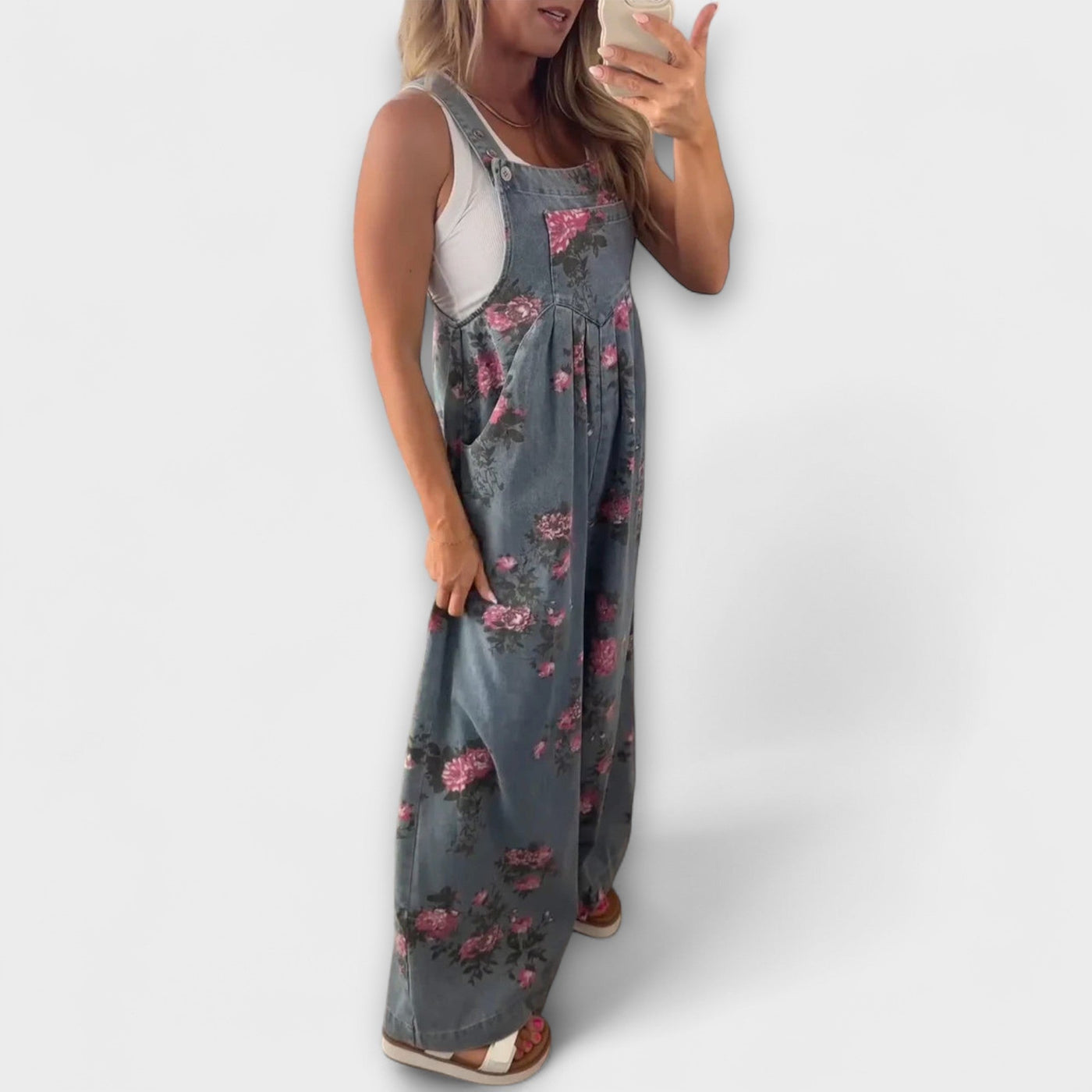 Bethany Floral-Patterned Brede Denim Overalls