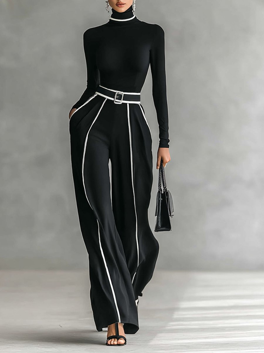 Two-Piece Set: High Neck Top with Long Sleeves, Wide-Leg Trousers, and Belt
