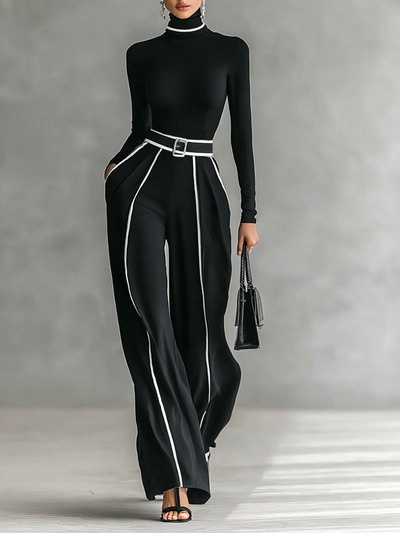 Two-Piece Set: High Neck Top with Long Sleeves, Wide-Leg Trousers, and Belt