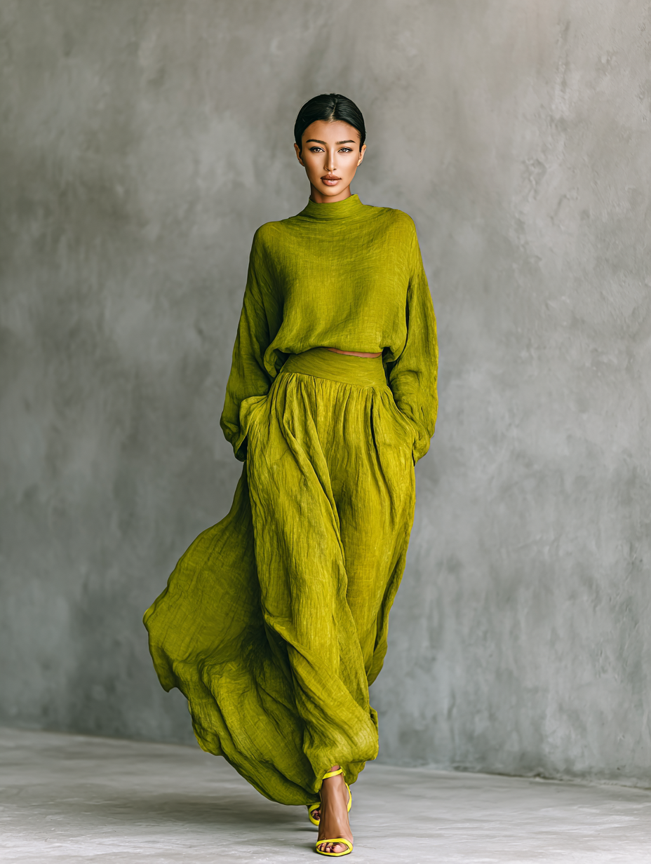 Green Cotton-Linen Blend Women's Complete Outfit
