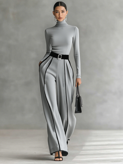 Two-Piece Set: High Neck Top with Long Sleeves, Wide-Leg Trousers, and Belt
