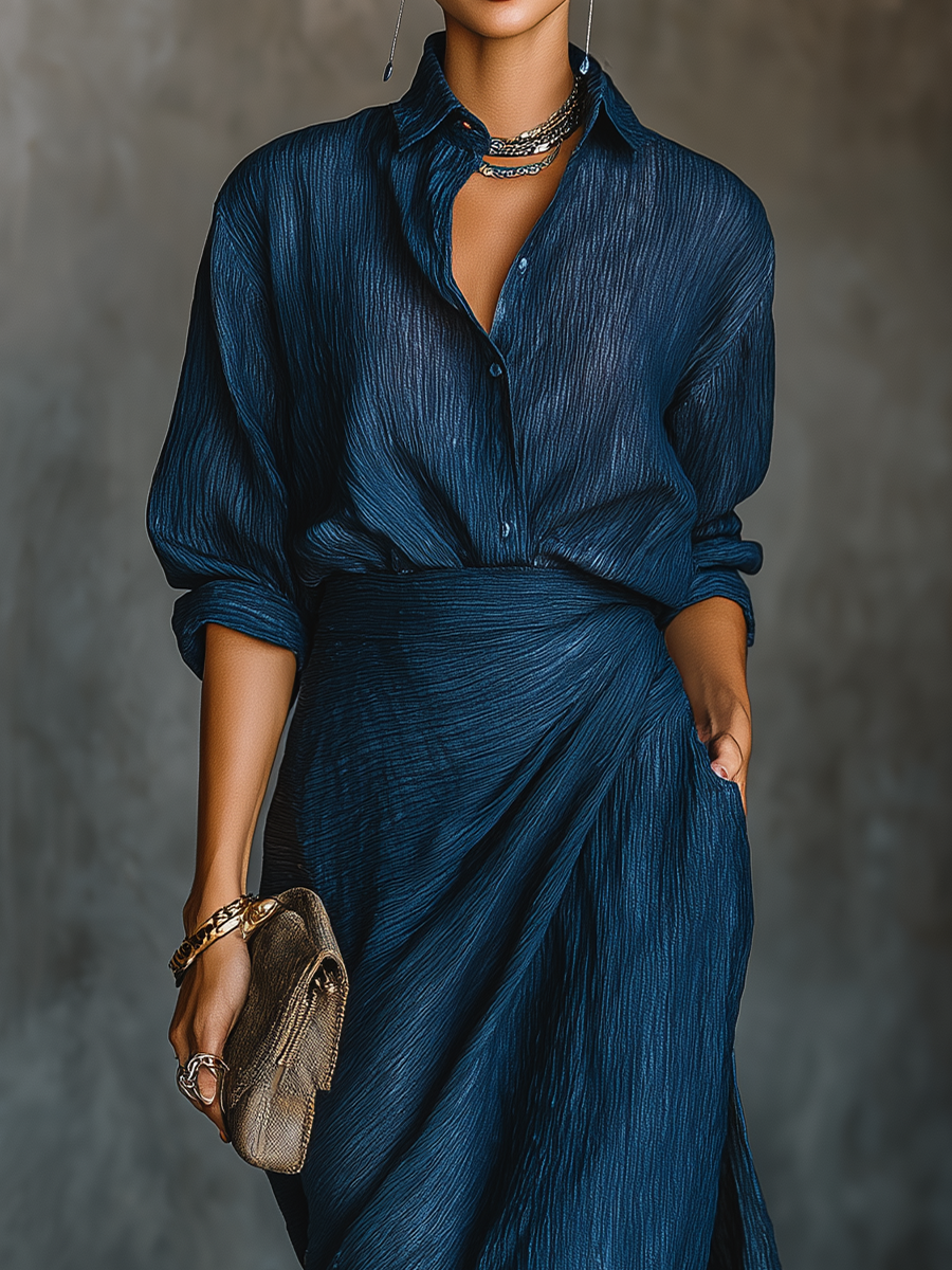 Dark Blue Cotton and Linen Long Skirt with Elegant Blouse Set