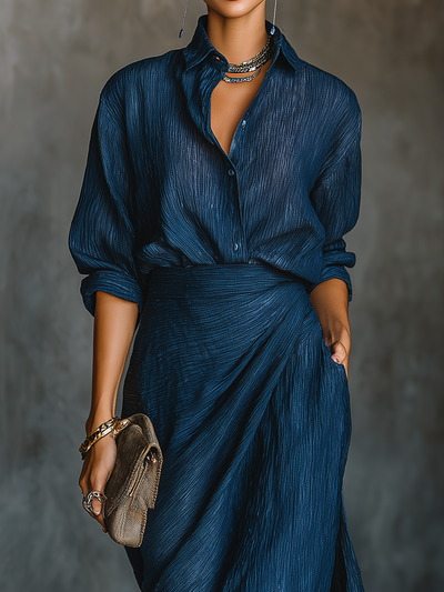 Dark Blue Cotton and Linen Long Skirt with Elegant Blouse Set
