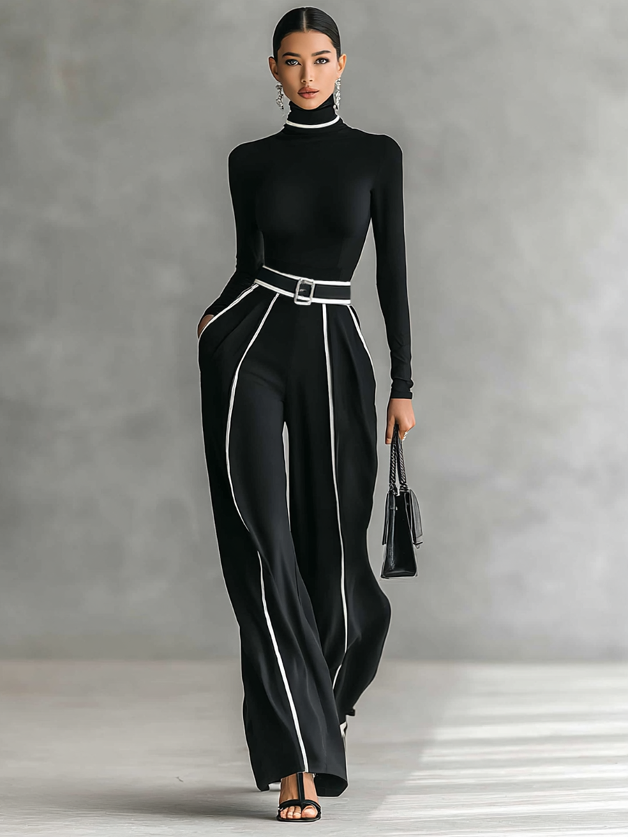 Two-Piece Set: High Neck Top with Long Sleeves, Wide-Leg Trousers, and Belt