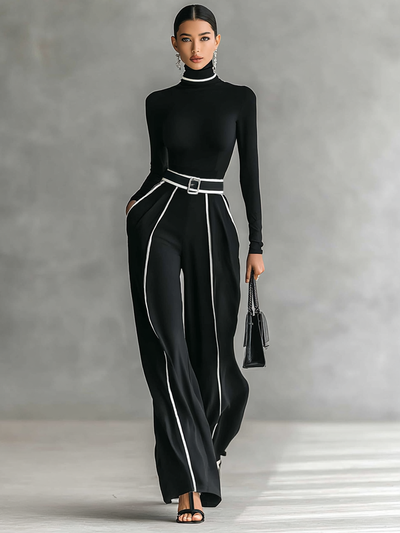 Two-Piece Set: High Neck Top with Long Sleeves, Wide-Leg Trousers, and Belt