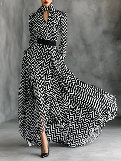 Chiffon Maxi Dress with Bold Black and White Stripes