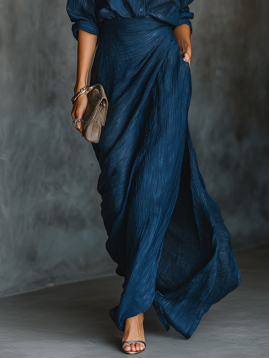 Dark Blue Cotton and Linen Long Skirt with Elegant Blouse Set