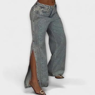 Nola - Rhinestone-Embellished High-Waisted Jeans with Side Button Details