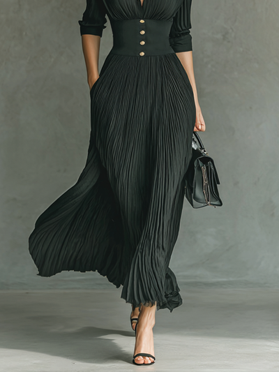 Elegant Maxi Dress with Long Sleeves, Notched Collar, and Pleated Detail