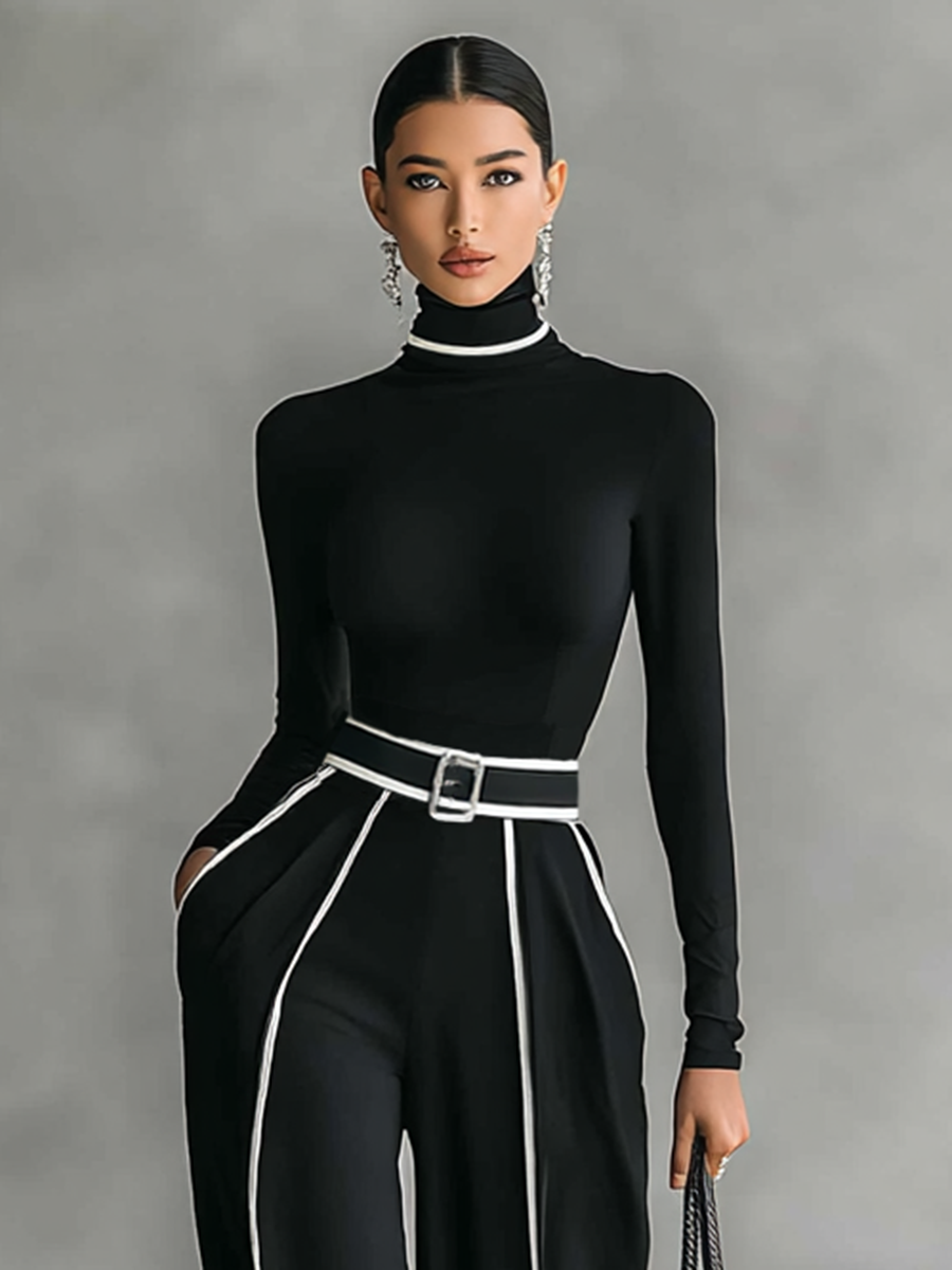 Two-Piece Set: High Neck Top with Long Sleeves, Wide-Leg Trousers, and Belt