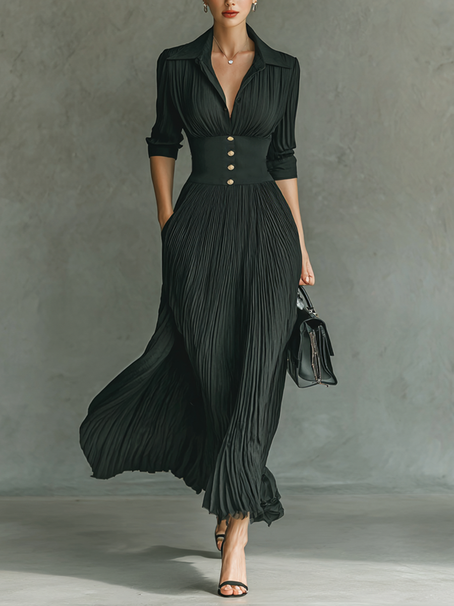 Elegant Maxi Dress with Long Sleeves, Notched Collar, and Pleated Detail