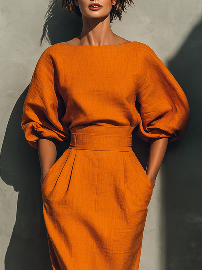 Bright Orange Midi Skirt in Cotton-Linen Blend