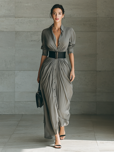 Long Sleeve Maxi Dress with Notched Collar