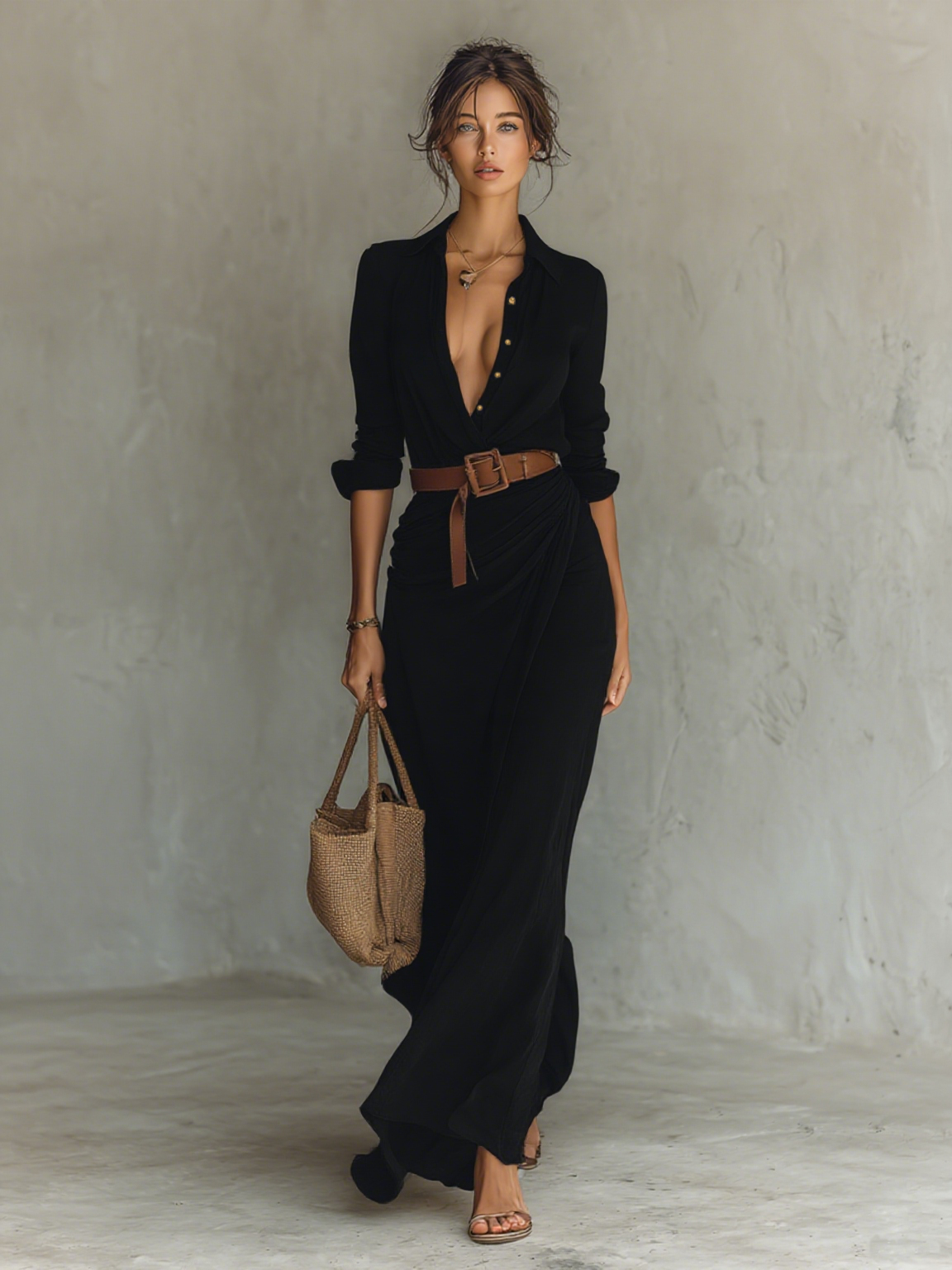 Maxi Long Dress with Revere Collar and Belt Included