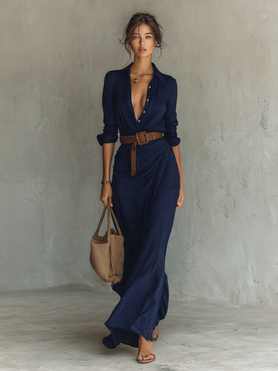 Maxi Long Dress with Revere Collar and Belt Included