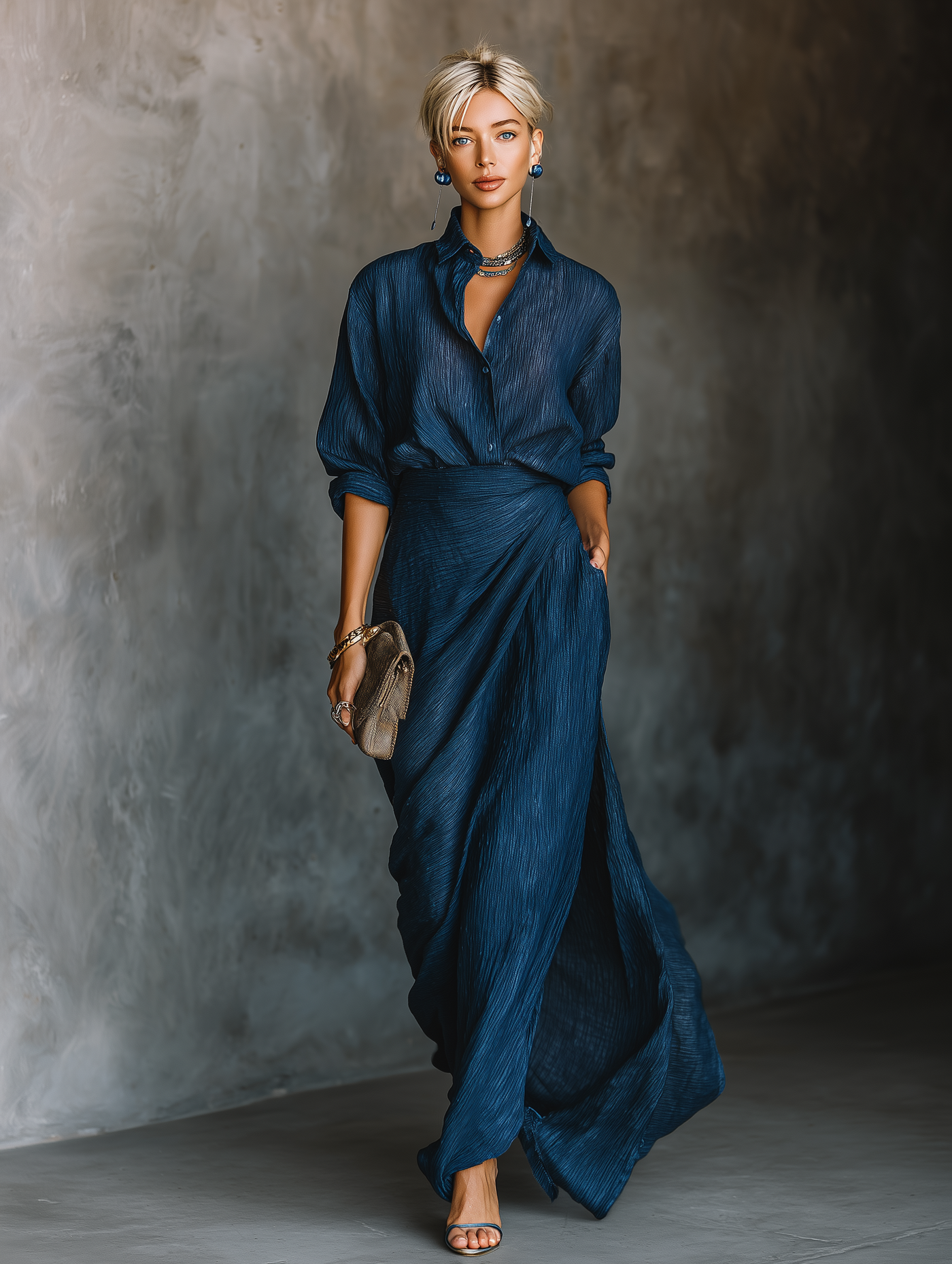 Dark Blue Cotton and Linen Long Skirt with Elegant Blouse Set