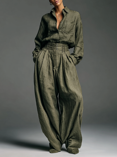 Cotton and Linen Two-Piece Set: Long Sleeve Blouse with Wide-Leg Trousers
