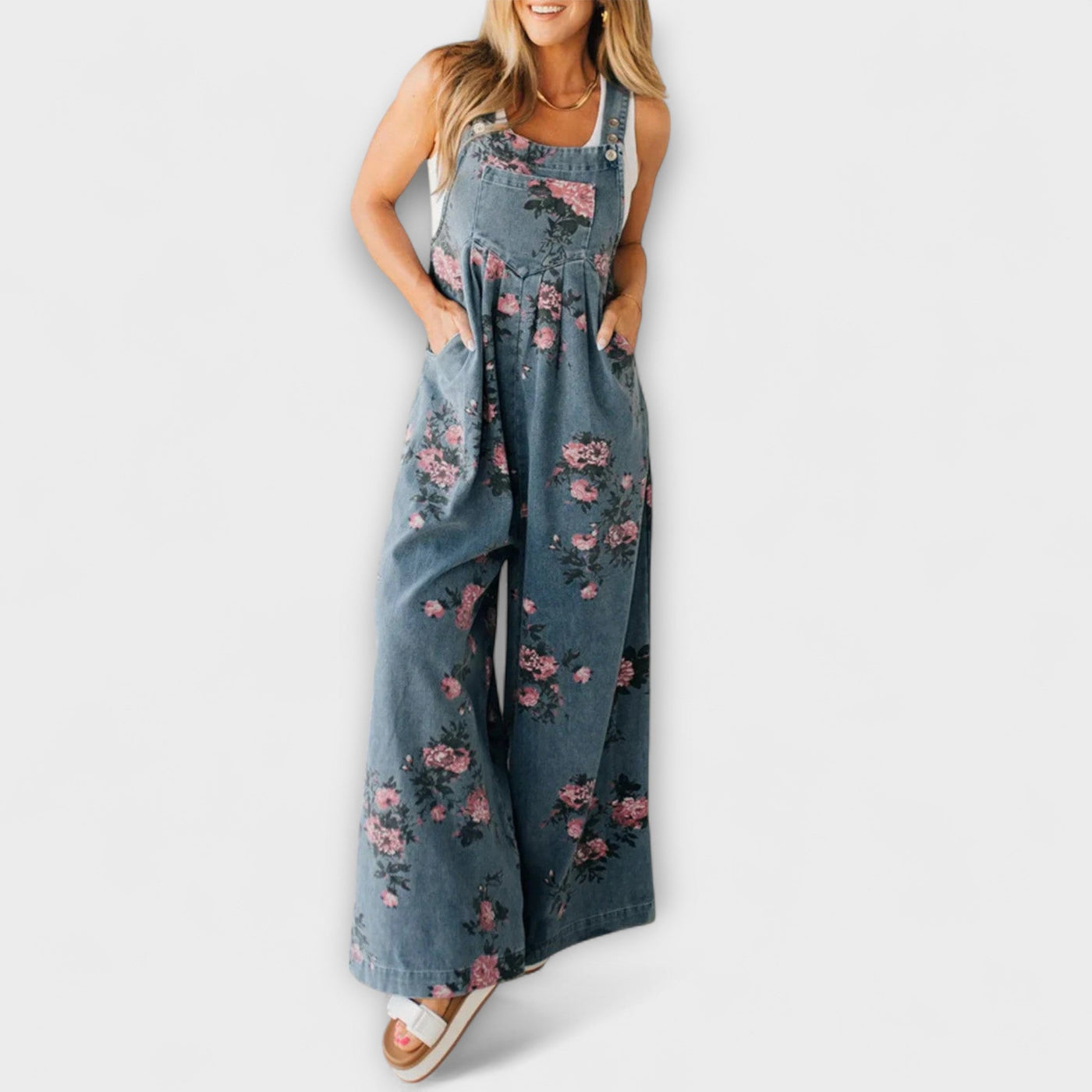 Bethany Floral-Patterned Brede Denim Overalls