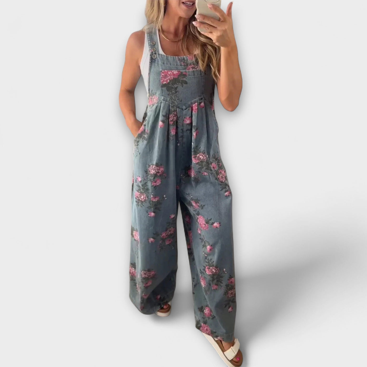 Bethany Floral-Patterned Brede Denim Overalls