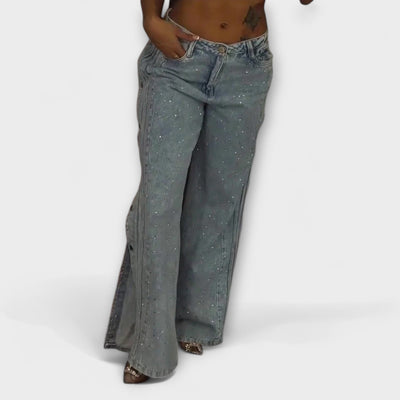 Nola - Rhinestone-Embellished High-Waisted Jeans with Side Button Details
