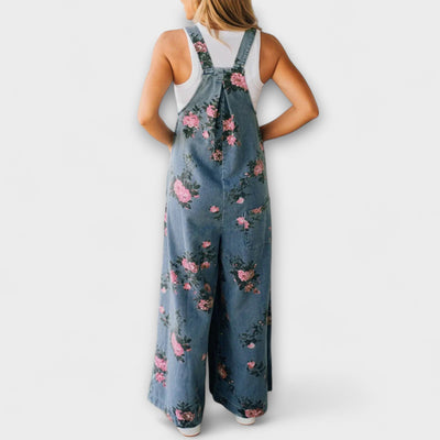 Bethany Floral-Patterned Brede Denim Overalls
