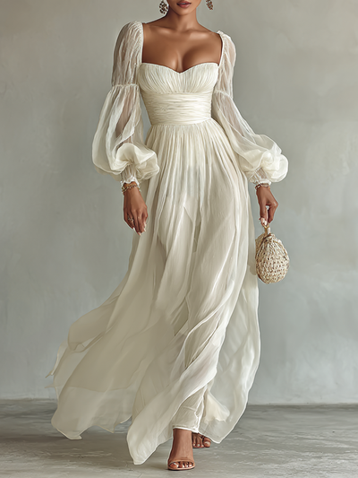 Women's Chiffon Maxi Dress with Square Neck and Long Sleeves