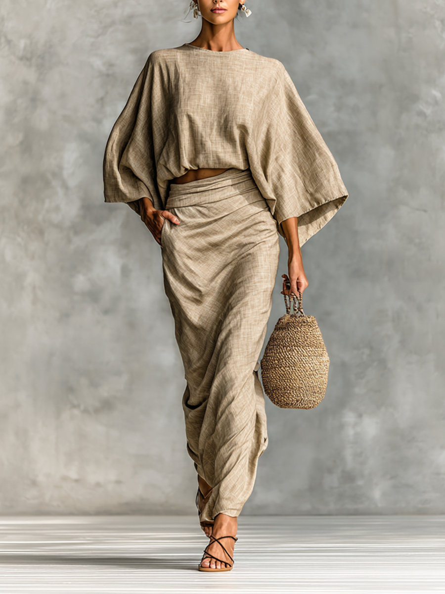 Cotton and Linen Two-Piece Set: Long Skirt with Batwing Sleeves