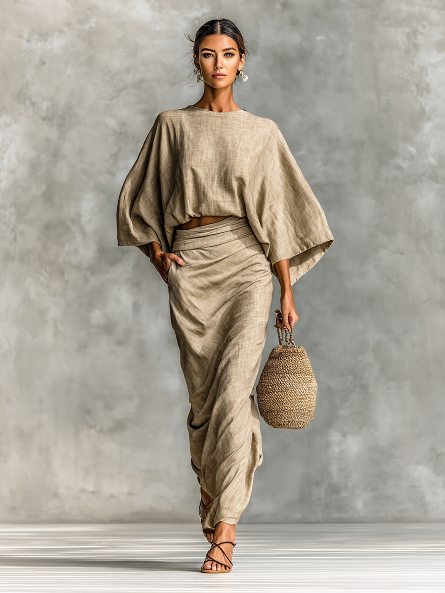 Cotton and Linen Two-Piece Set: Long Skirt with Batwing Sleeves