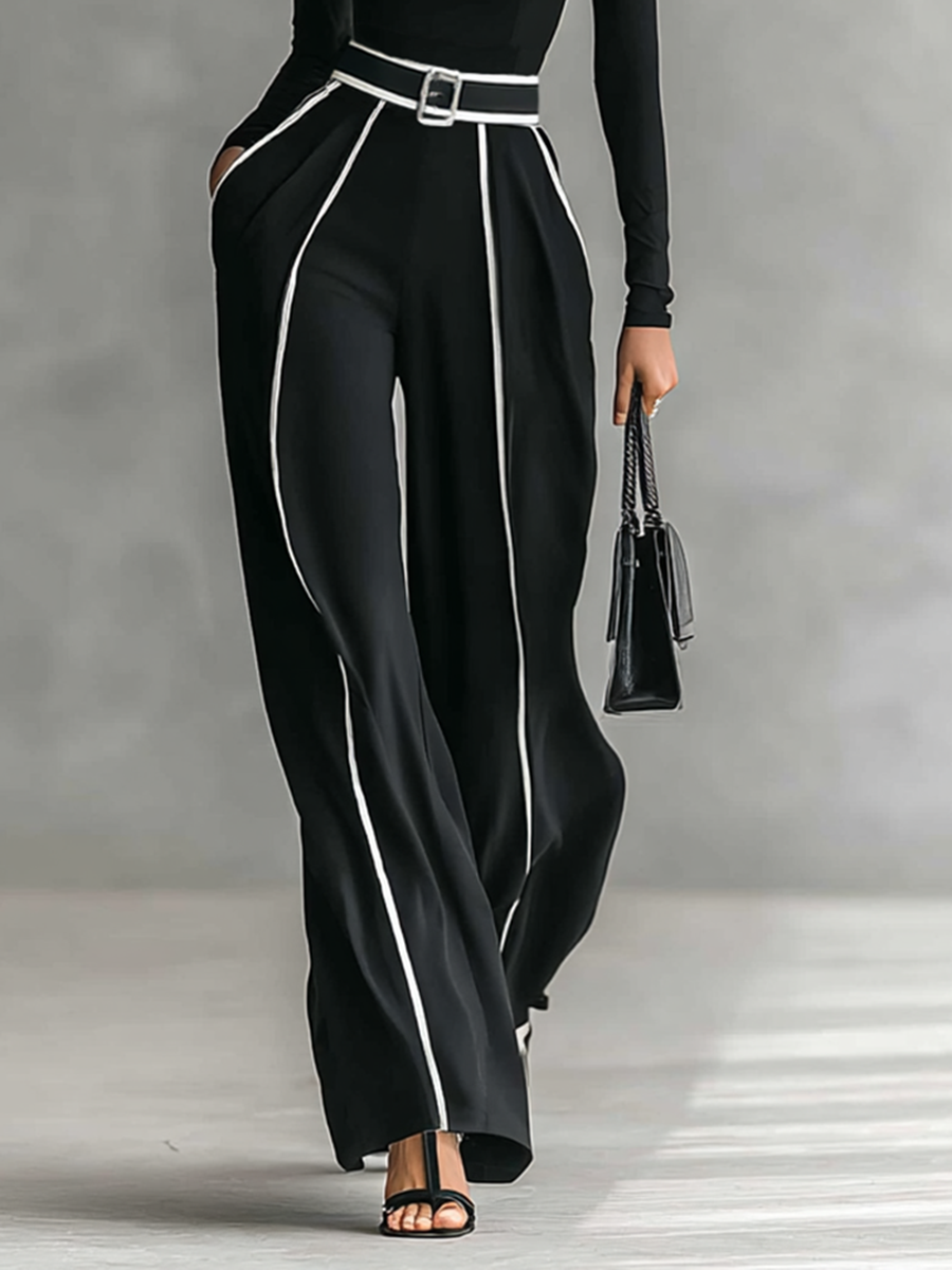 Two-Piece Set: High Neck Top with Long Sleeves, Wide-Leg Trousers, and Belt