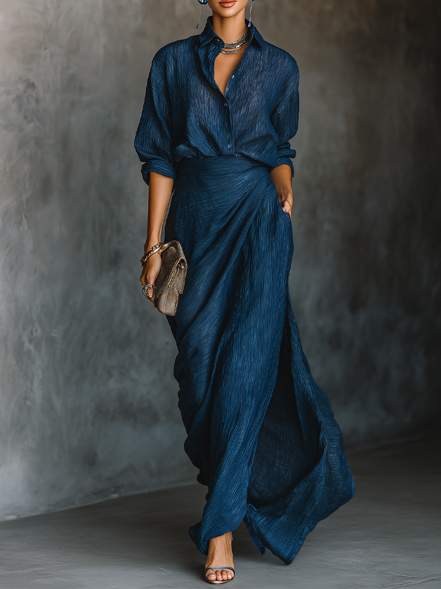 Dark Blue Cotton and Linen Long Skirt with Elegant Blouse Set