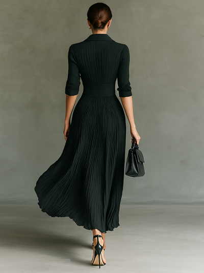 Elegant Maxi Dress with Long Sleeves, Notched Collar, and Pleated Detail