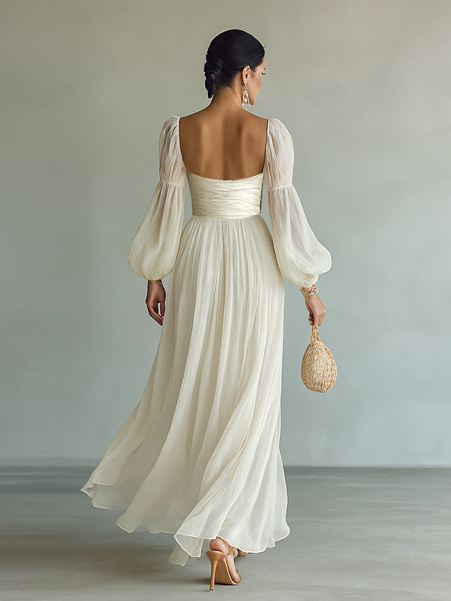 Women's Chiffon Maxi Dress with Square Neck and Long Sleeves