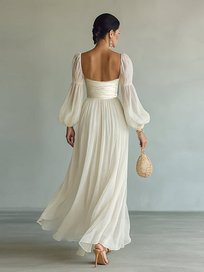 Women's Chiffon Maxi Dress with Square Neck and Long Sleeves