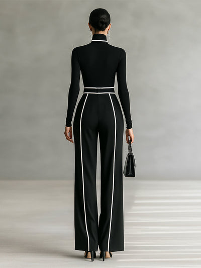 Two-Piece Set: High Neck Top with Long Sleeves, Wide-Leg Trousers, and Belt