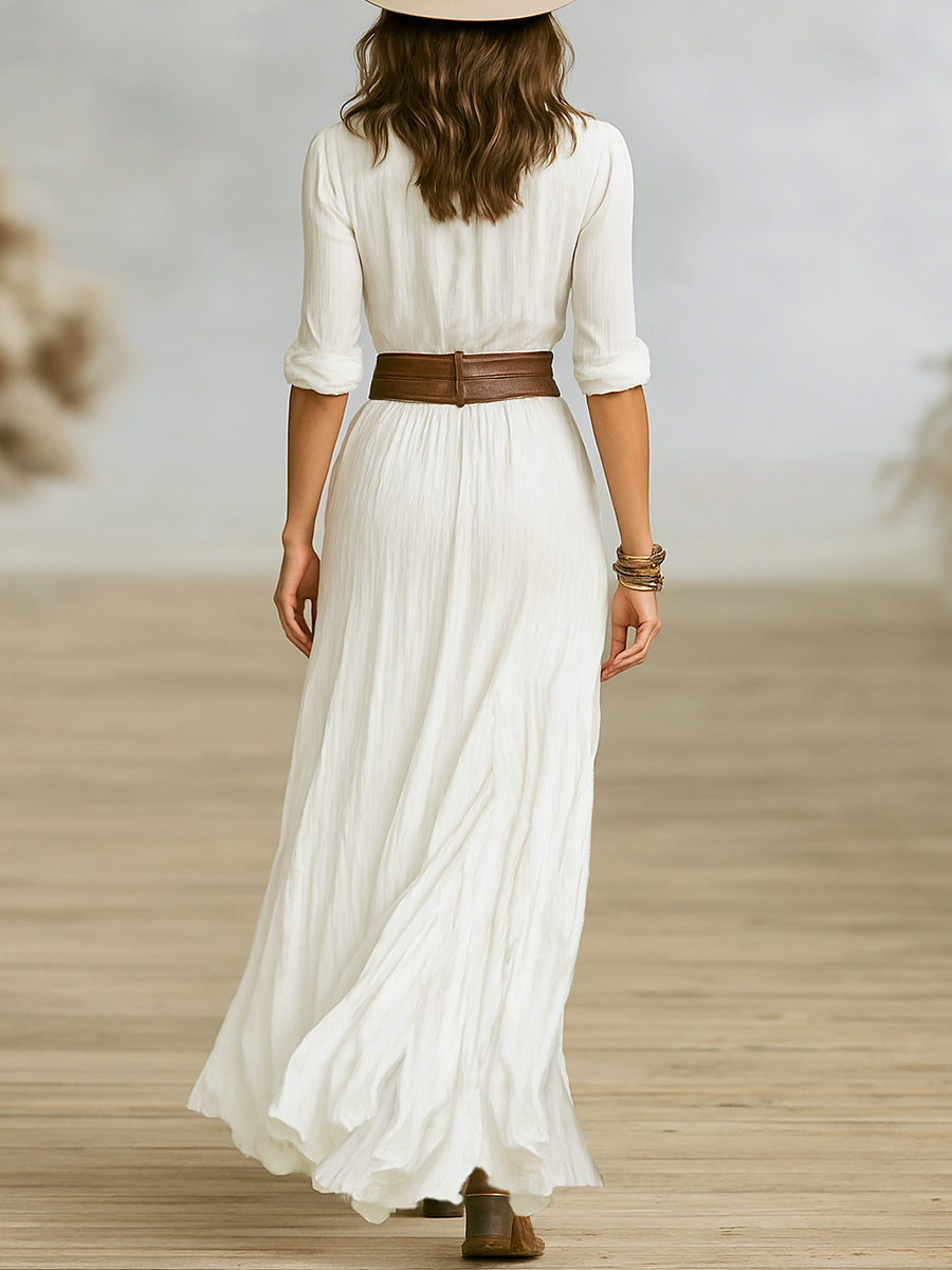 Maxi Long Dress in Cotton and Faux Linen with Notched Collar