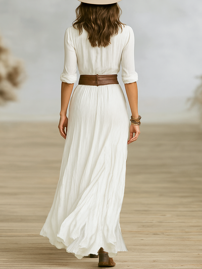 Maxi Long Dress in Cotton and Faux Linen with Notched Collar