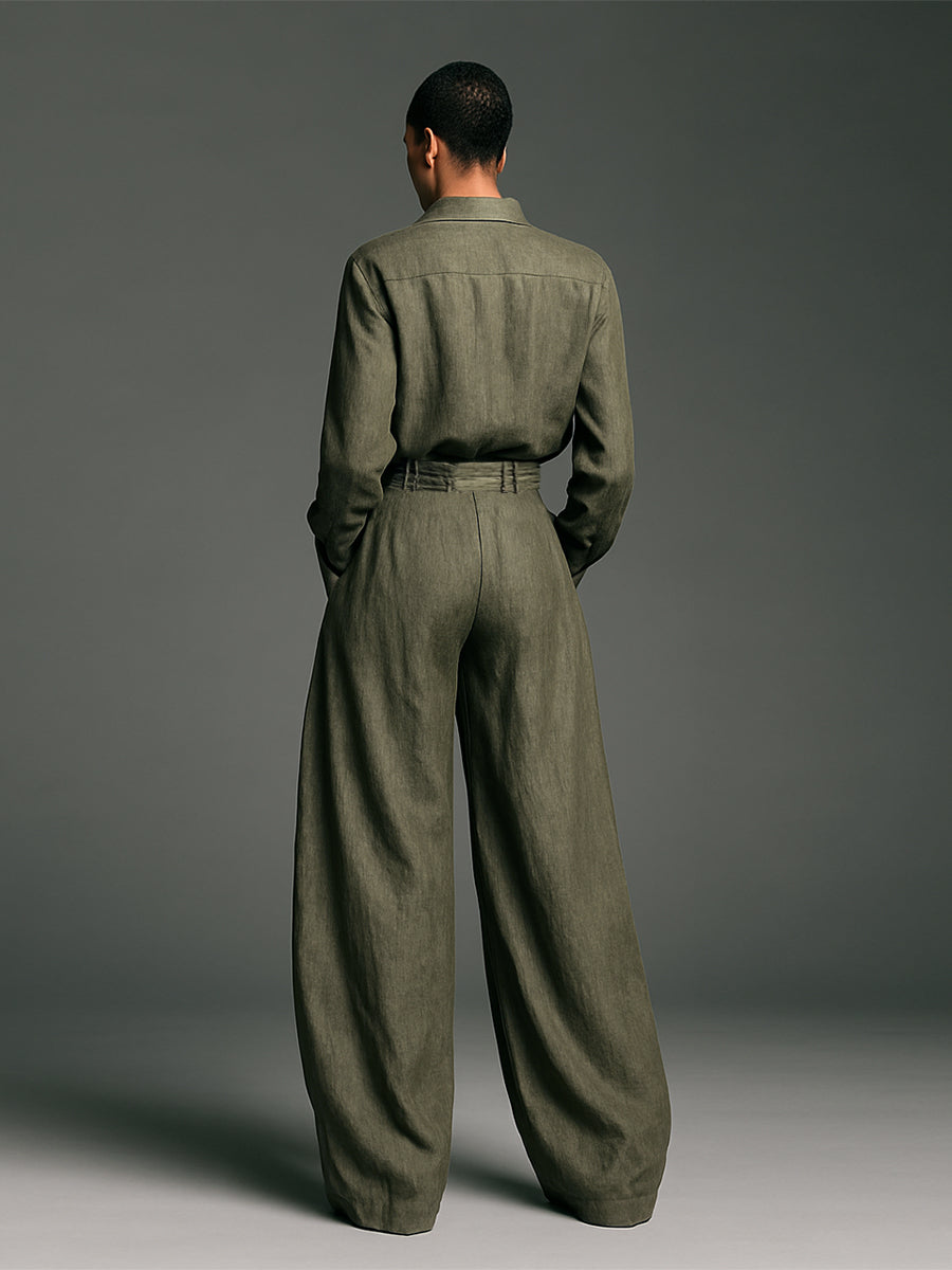 Cotton and Linen Two-Piece Set: Long Sleeve Blouse with Wide-Leg Trousers