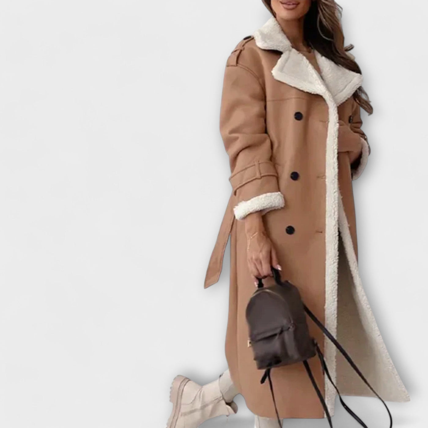 Maria – Classic Long Jacket with Cozy Fleece Lining and Teddy Collar