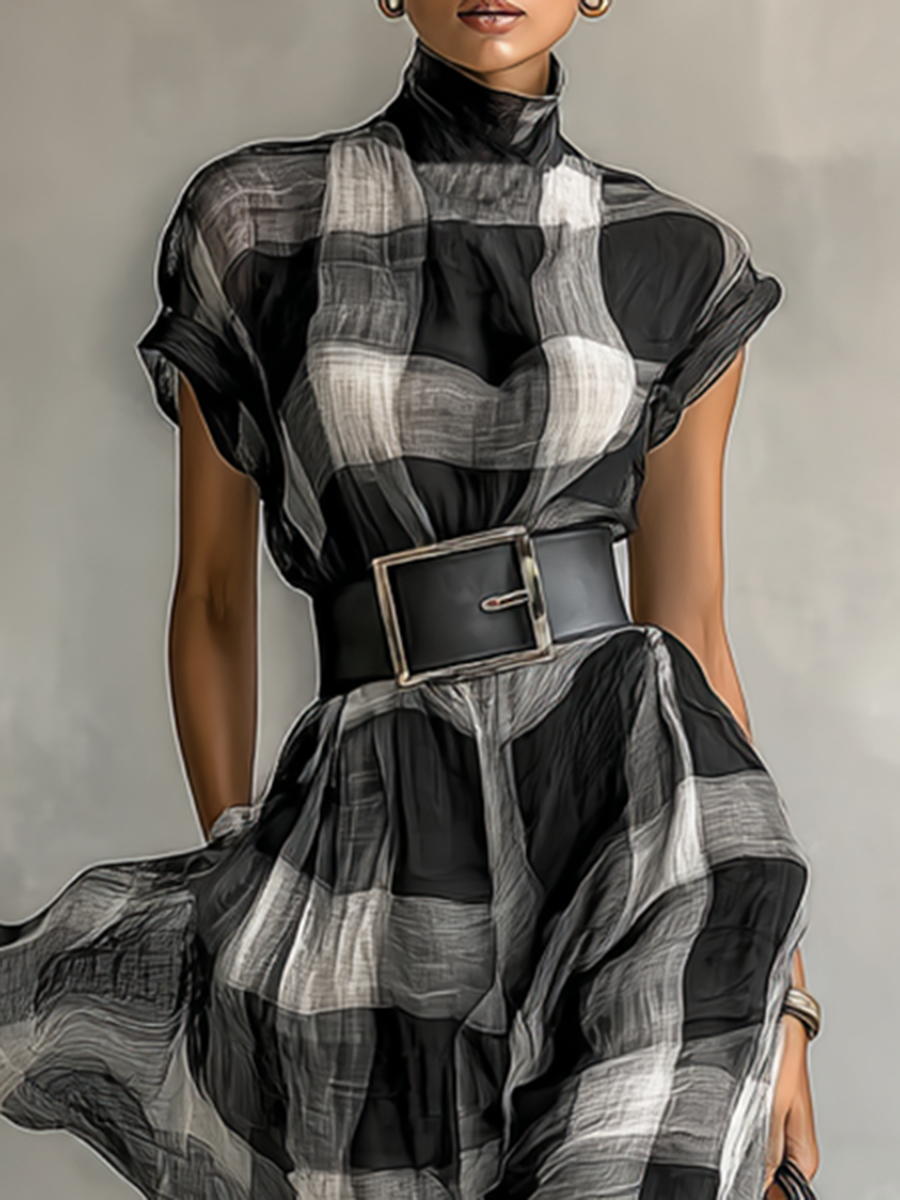 Checked Chiffon Maxi Dress with High Neck and Short Sleeves
