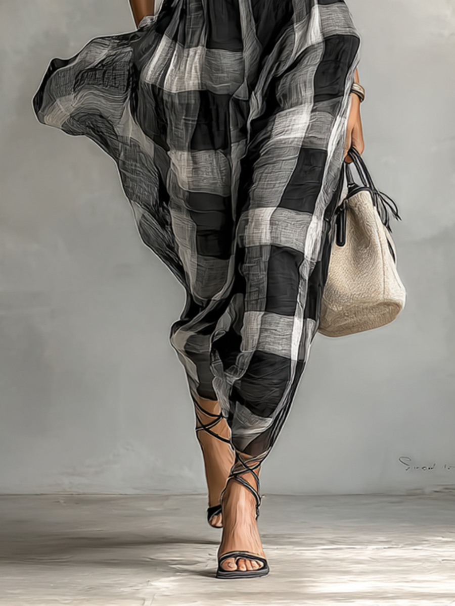 Checked Chiffon Maxi Dress with High Neck and Short Sleeves