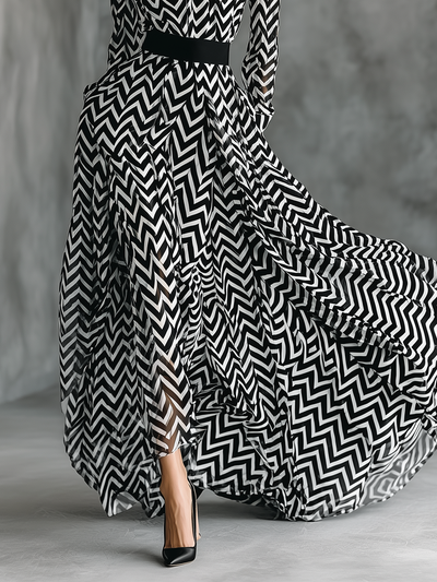 Chiffon Maxi Dress with Bold Black and White Stripes