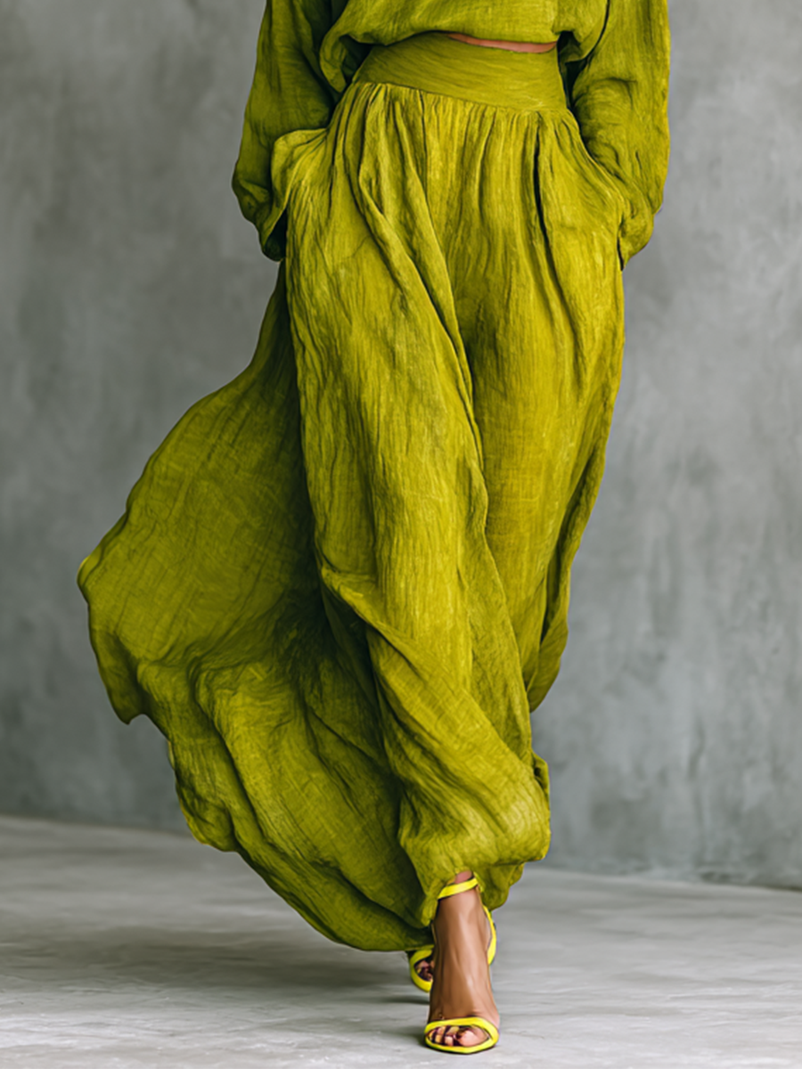 Green Cotton-Linen Blend Women's Complete Outfit