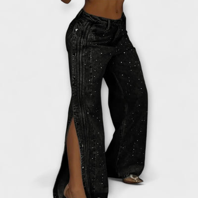 Nola - Rhinestone-Embellished High-Waisted Jeans with Side Button Details